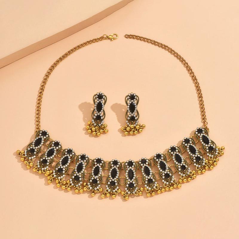 Vintage Ethnic Inlaid Colorful Crystal Stone Daily Outfits Party Accessories Statement Necklace Earrings Jewelry Gift