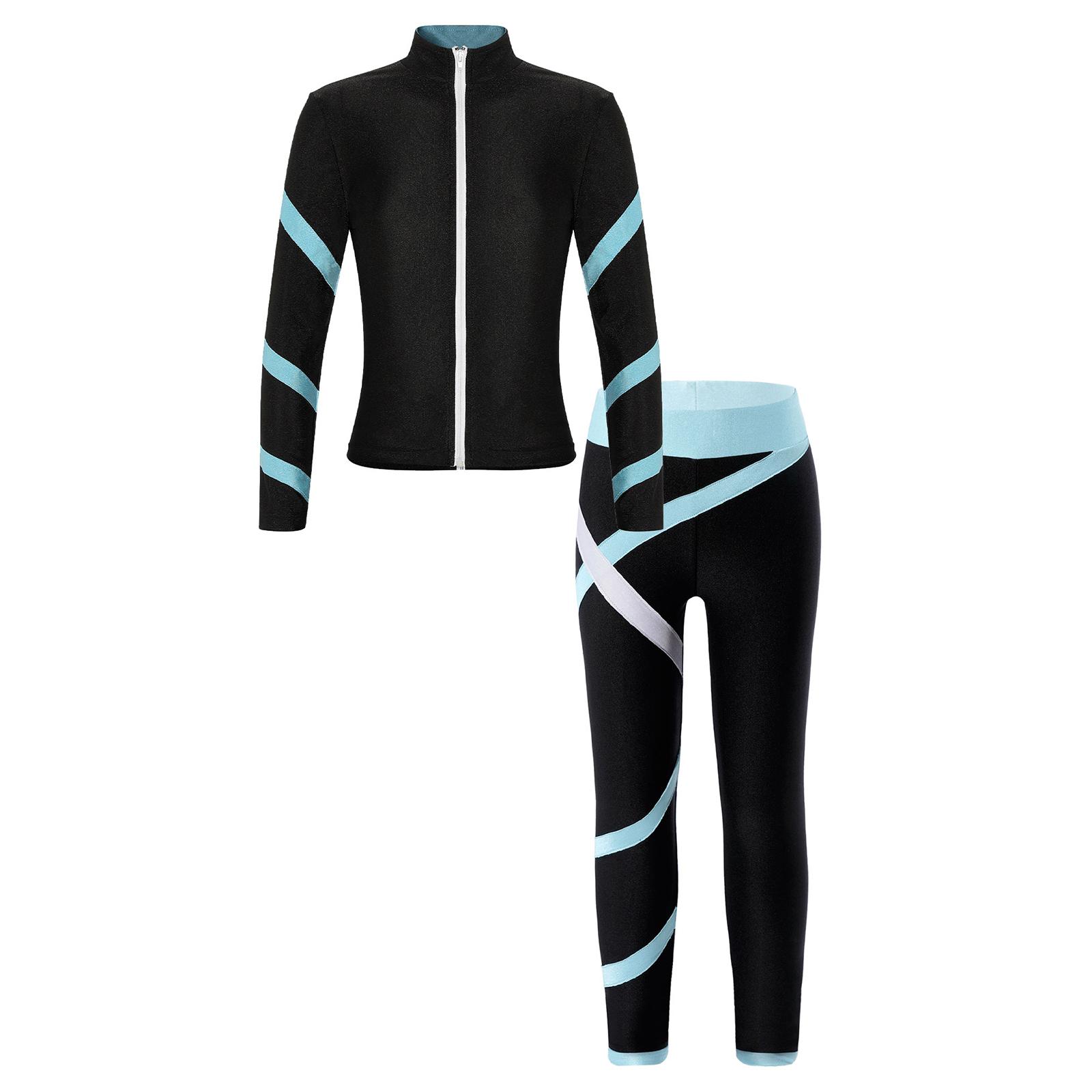

Girls Contrast Color Stripe Sport Suit Long Sleeve Zipper Stand Collar Sweatshirt Leggings Yoga Running 15-16 Years світло-синій колір