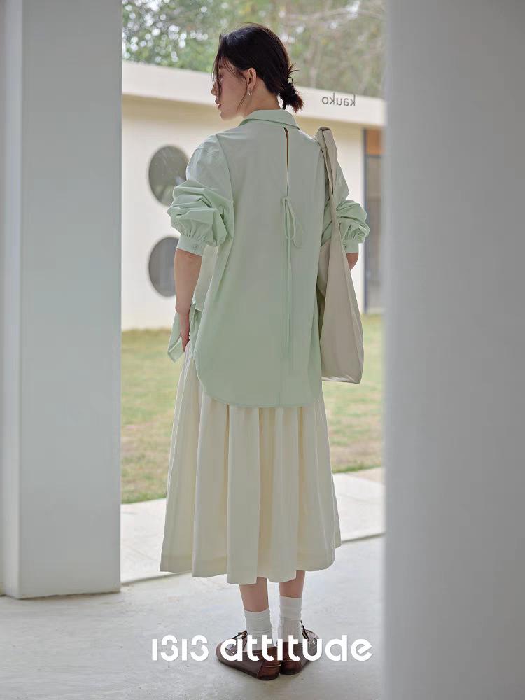 2026 Spring Women's Apple Green Lace-Up Sun Protection Shirt - Long-Sleeve, Airy, Simple, Loose Top