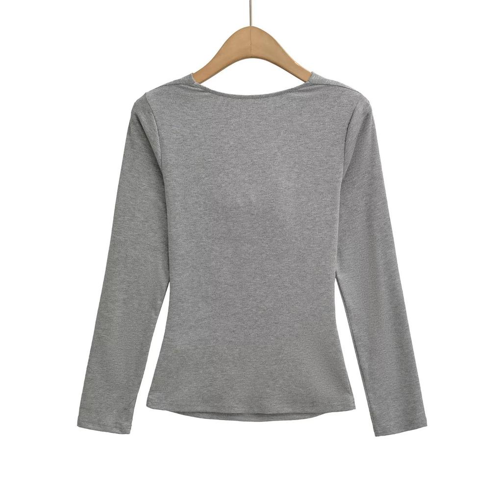 Women's Sexy Slim-Fit Low-Cut Long Sleeve T-Shirt: Spicy & Chic Solid Color Base Layer