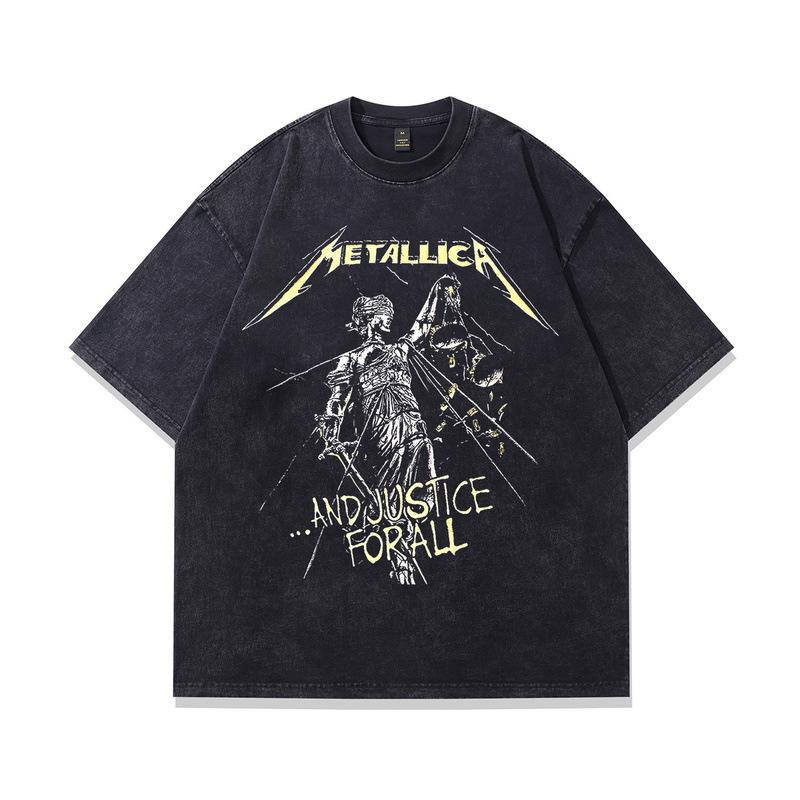 Men'S American Retro Rock Print Washed Old T-Shirt Vintage Trendy Brand Pure Cotton Half Sleeve Men