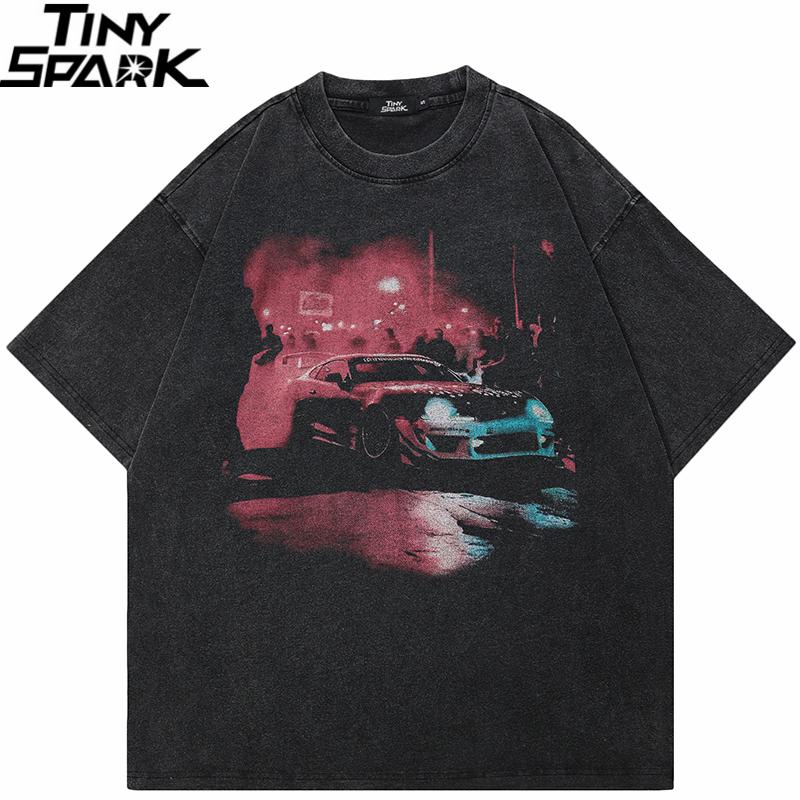2025 Hip Hop Retro Washed Black T-Shirt Streetwear Vintage Graphic Racing Car T Shirt Cotton Unisex Tshirt Men Tops Tees Y2K