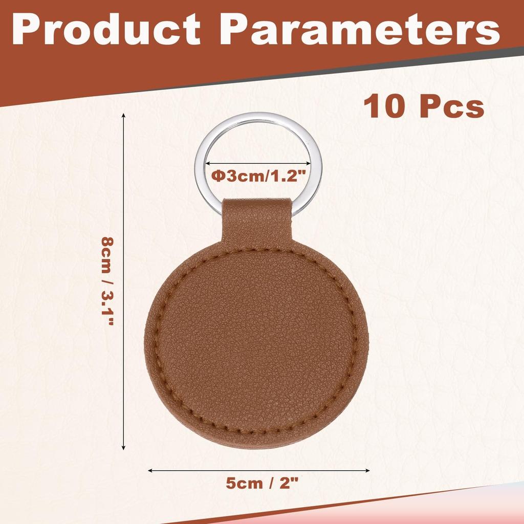 uxcell Blank PU Leather Laser Engraving Kit with Key DIY Gift 10-Pack Keychains, Round, Ring, (Brown, 2-Inch Diameter)