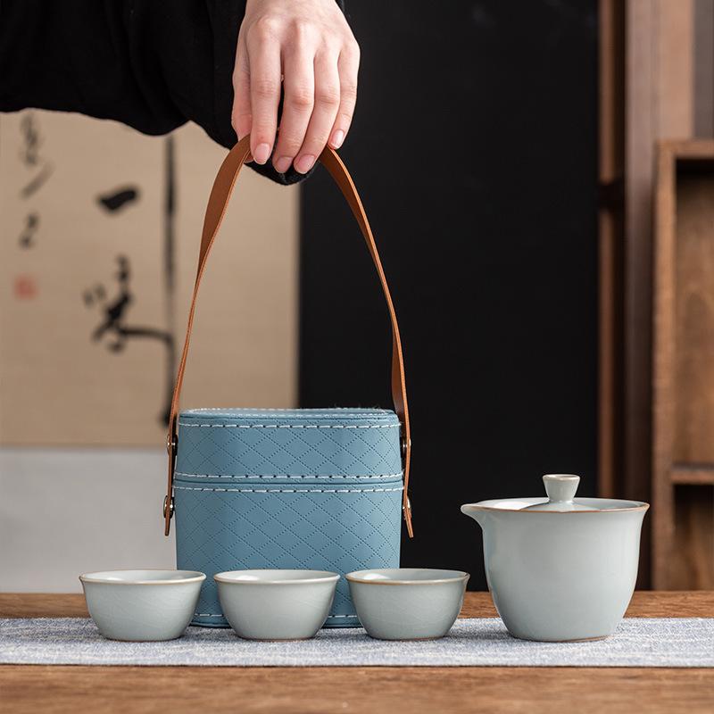 Celadon Ge Kiln Opening Film Can Raise Outdoor Portable Travel Tea Set, One Pot and Three Cups of Kuaike Tea Cup Gifts