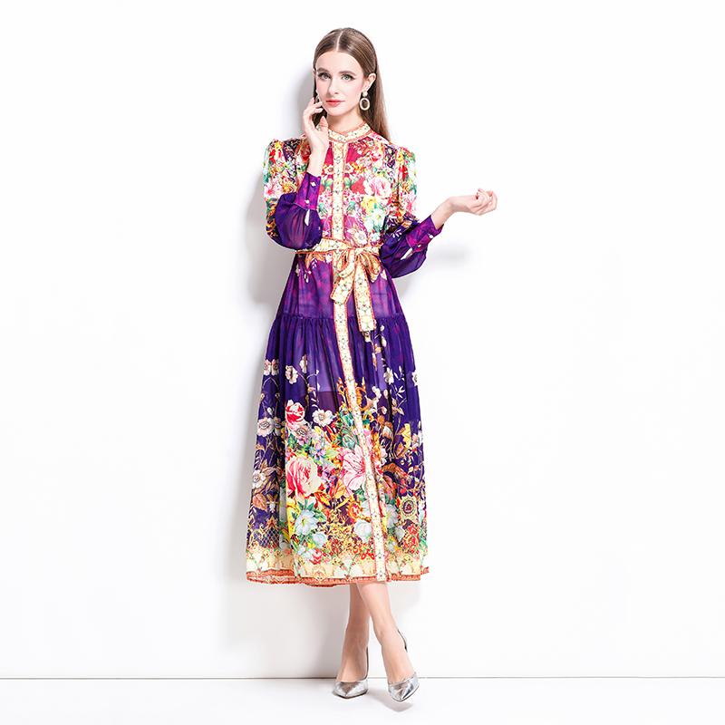 Spring Summer Women Lantern Sleeve Vintage Print Chiffon Oversize Loose Long Maxi Holiday Beach Dresses