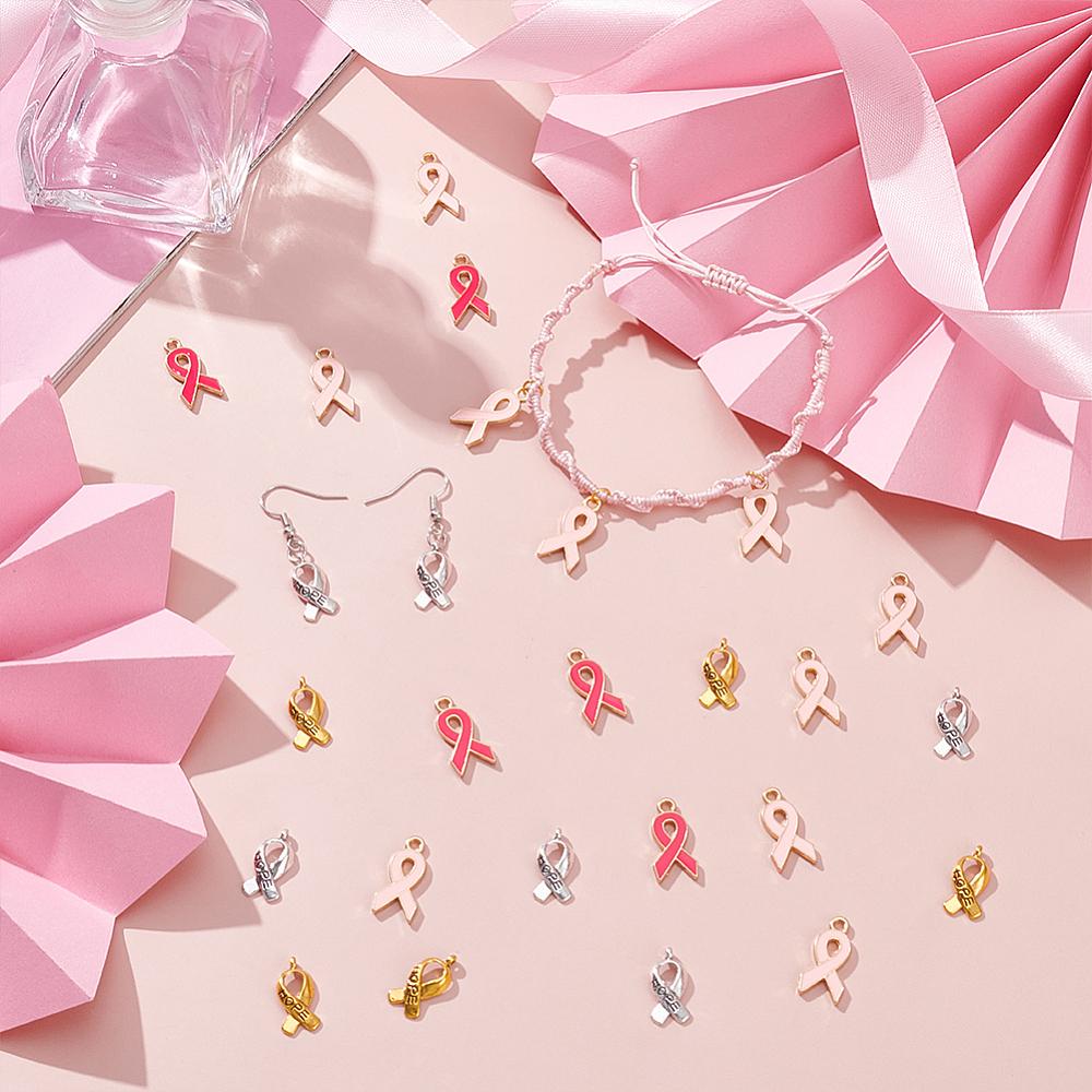 120Pcs 4 Styles Breast Cancer Awareness Ribbon Carved Word Hope Tibetan Style Alloy Message Pendants with Enamel Mixed Color 17~20x8~10x2~3mm
