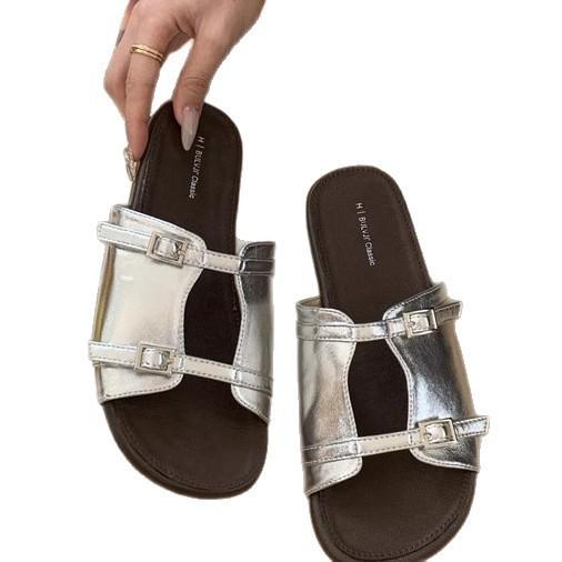 Korean Silver Slippers Women's Summer Wear New French Retro One-word Sandals Holiday Seaside Beach Flat Sandals
