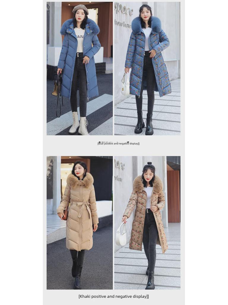 Women's Knee-Length Double-Sided Down Cotton Coat with Large Fur Collar Hood - New Winter Fashion.