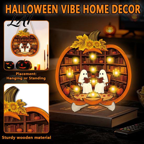 Cool Patterned Ornaments Halloween Door Sign Glowing Ghost Hanging Decor Wooden LED Window Reusable Party Supplies Ornament for Party Spooky