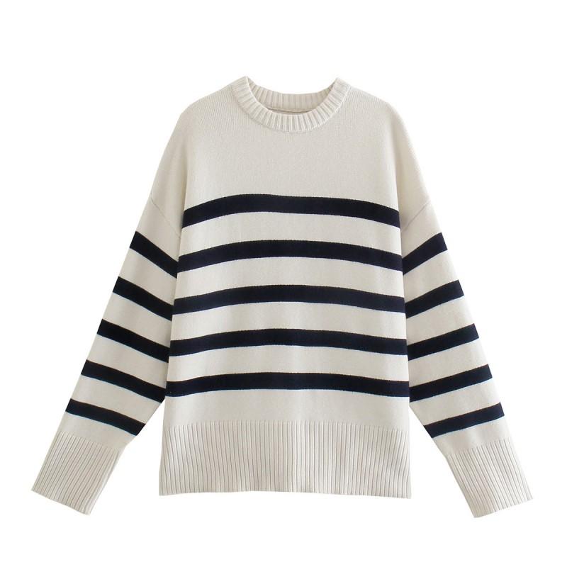 Womens Striped Long Sleeve Round Neck Knit Sweater Loose Fit Street Style Acrylic Pullover