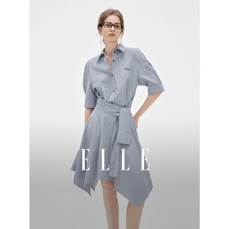 ELLE Women s Retro Plaid Lapel Shirt Dress XL