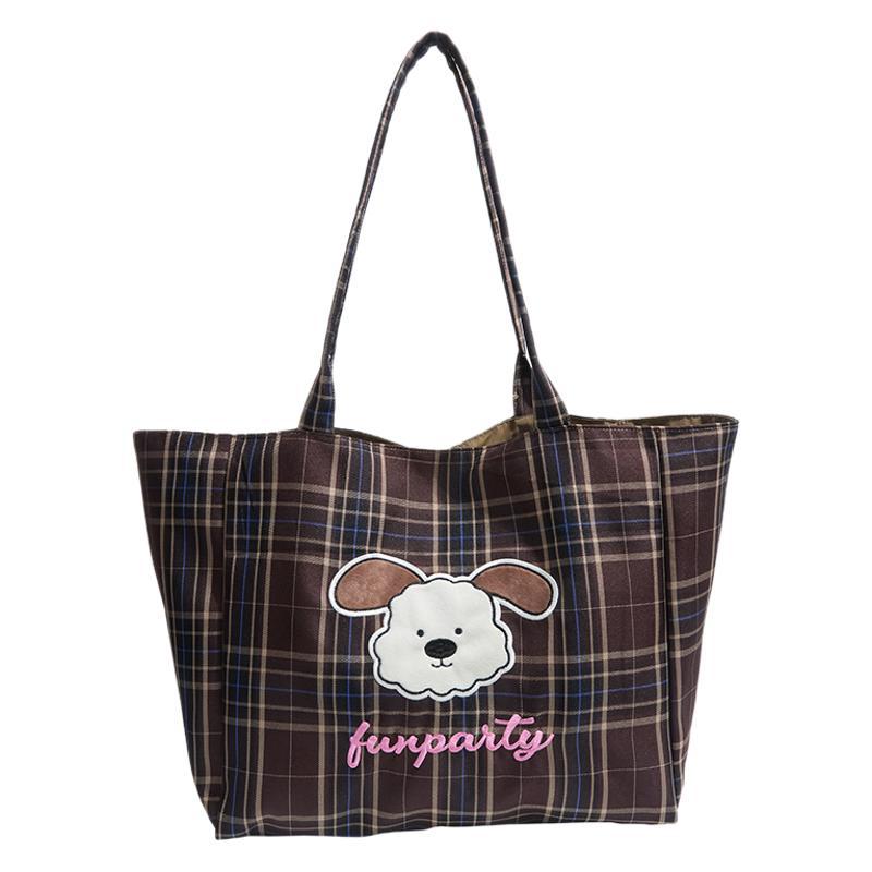 2025 autumn and winter new canvas bag large capacity tote bag cartoon plaid college style double-sided shoulder bag commuter bag