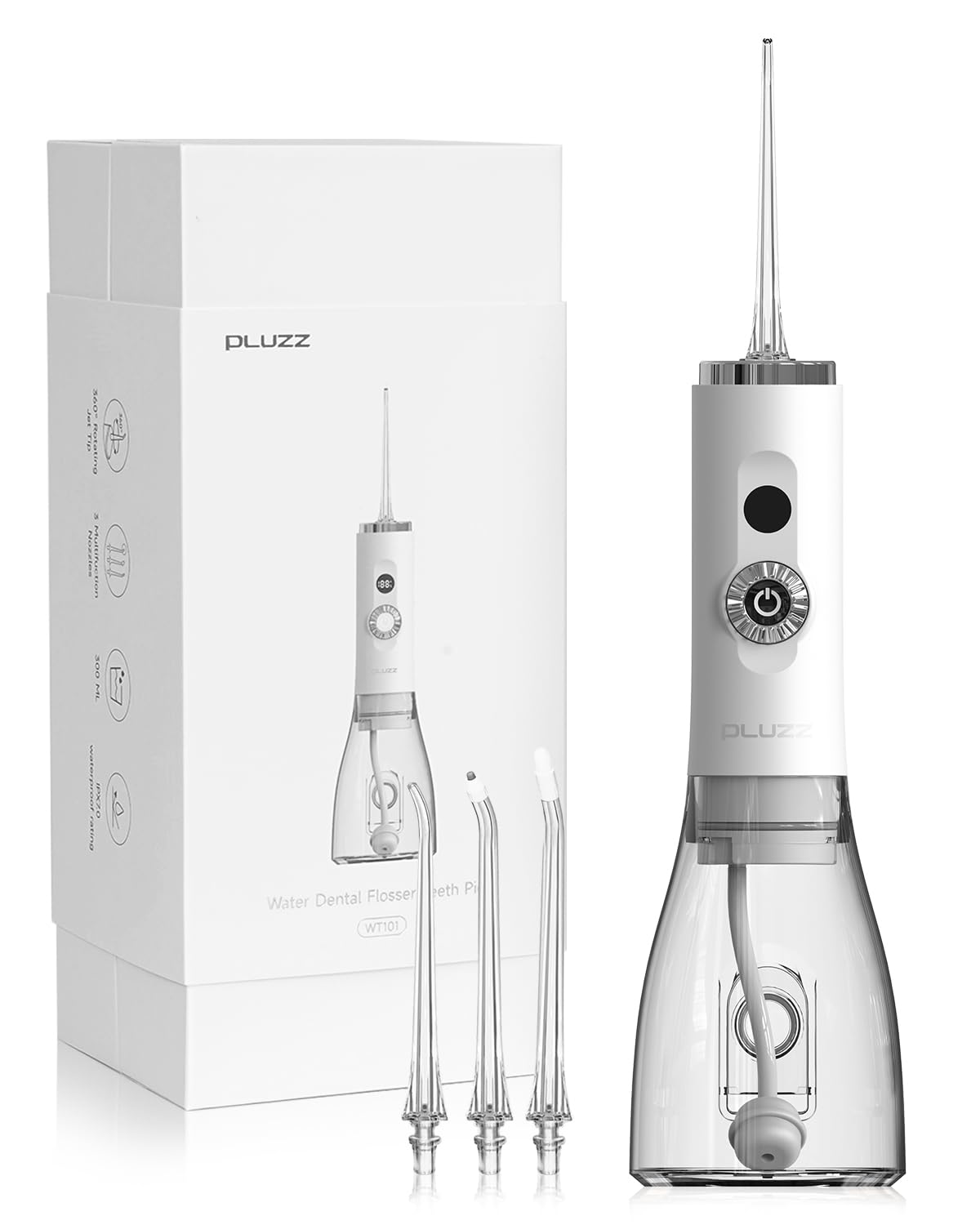 

PLUZZ Ирригатор для полости рта Водяная струя 99 уровней регулировки давления воды Водонепроницаемость IPX7 Вращение с 4 типами насадок Многофункциональный ирригатор белый