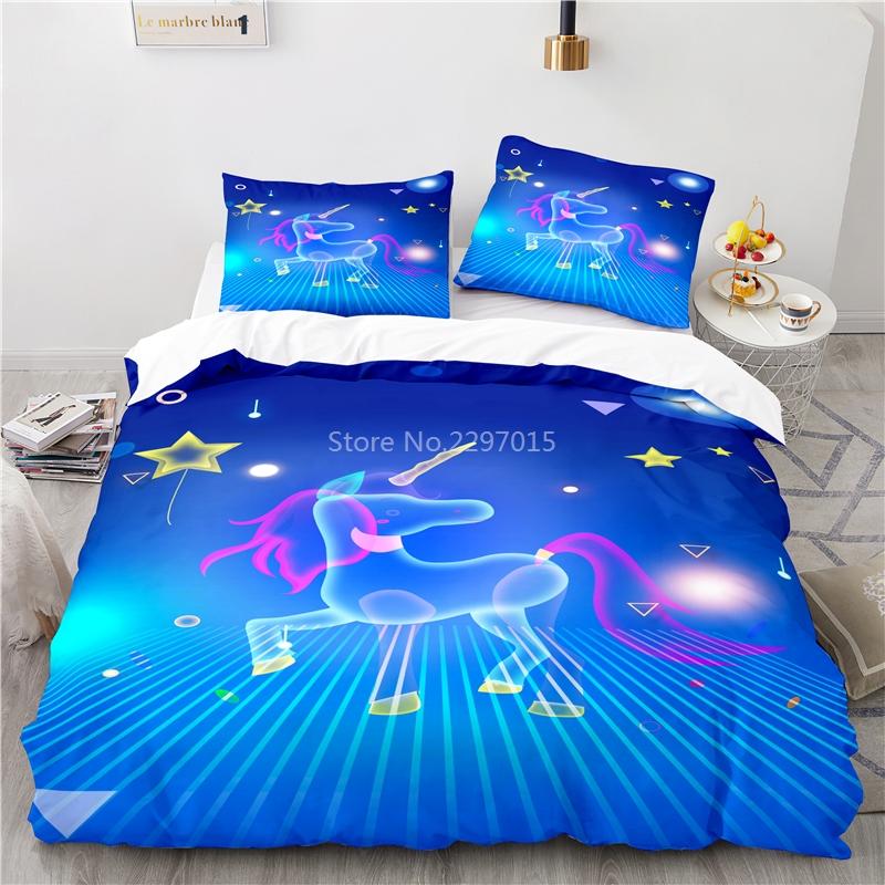 Cute Unicorn Pattern 3d Bedding Set Bed Linen 2/3pcs Blue Duvet Cover Set with Pillowcase Twin Full Queen King Size Home Textile