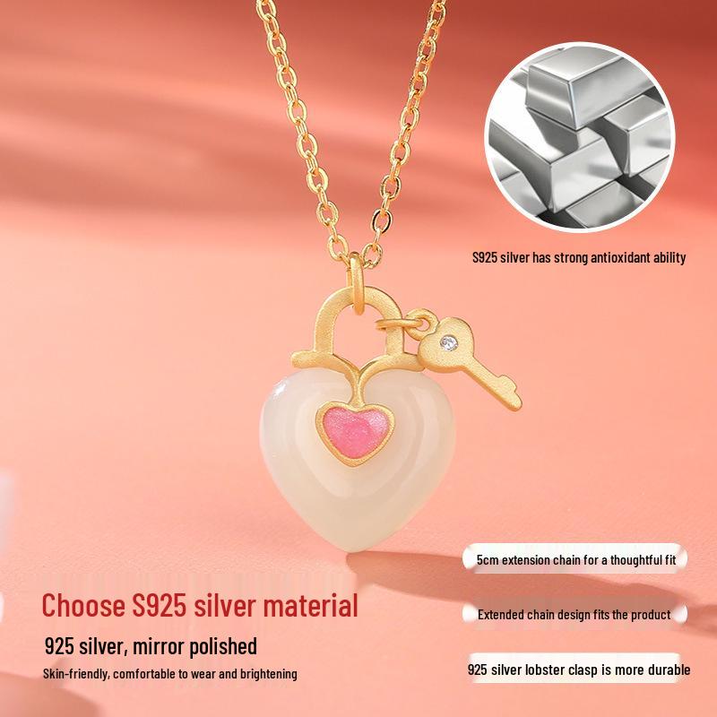 Romantic Heart Enamel Clavicle Necklace in Natural Hetian Jade & S925 Silver