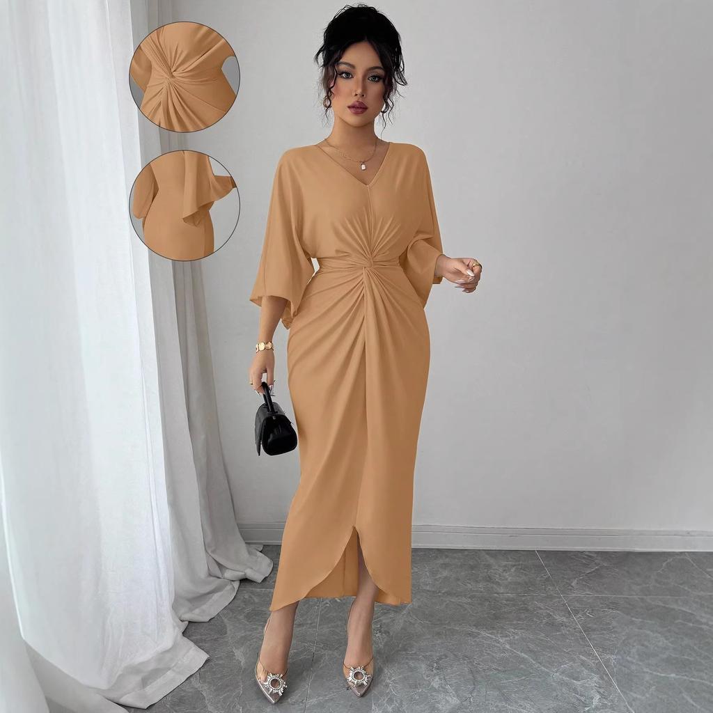 Summer New Style Pure Erotic and Laid-back Lace-up Knot-cut Waist Cinched Figure-hugging Sexy V-neck Dress