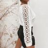 Women's White Fuzzy Knit Pullover Sweater With Floral Lace Openwork Sleeve Panel, Wide Neckline And Ribbed Cuffs For Casual Elegant Wear