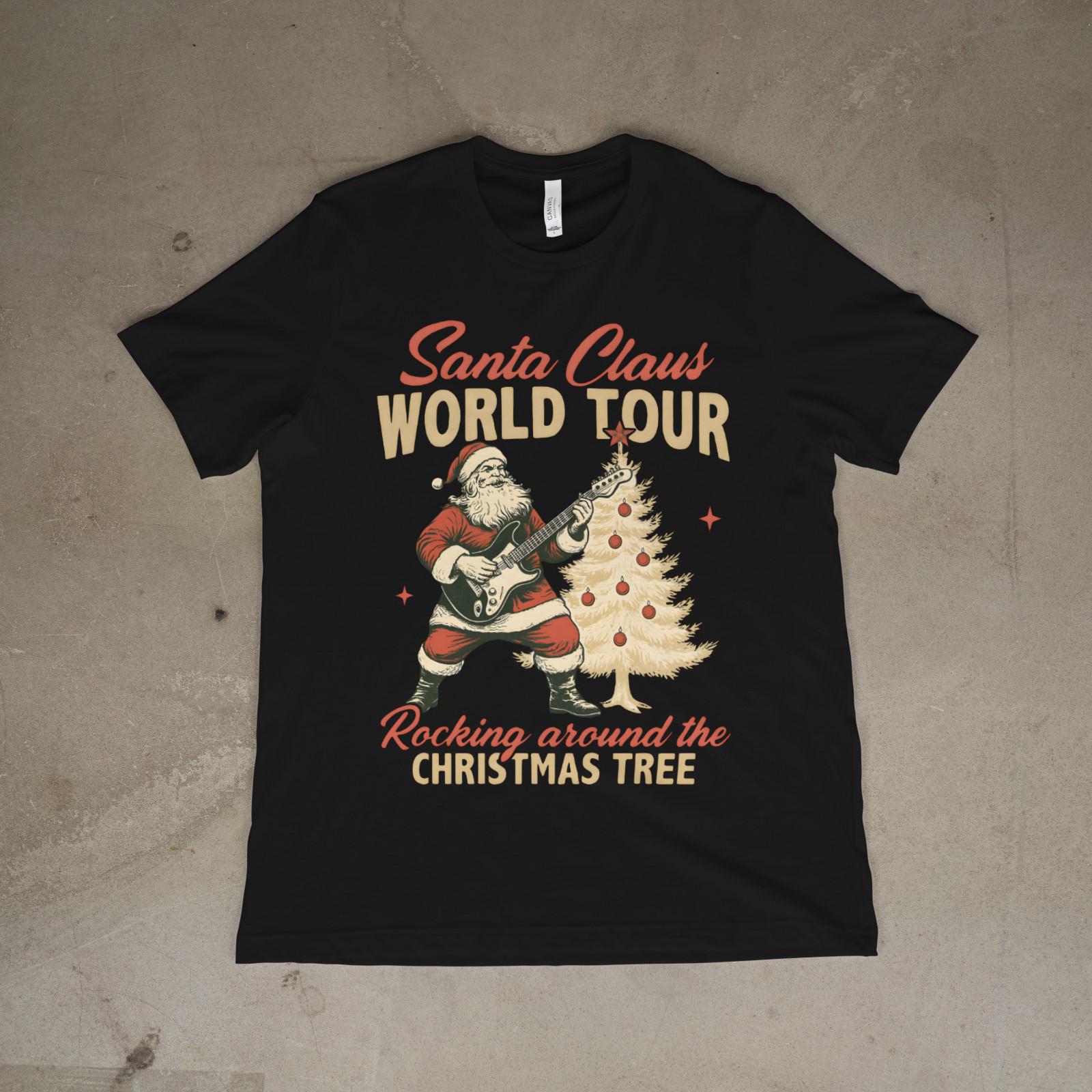 Santa Claus World Tour Xmas Guitar Tee Retro Rock Christmas Tree Unisex XXL