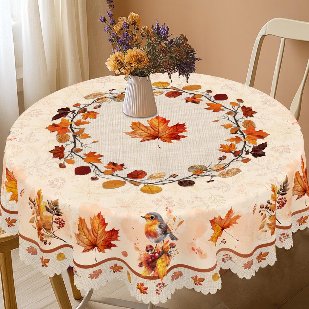 1 Piece Of Autumn Thanksgiving And Autumn Harvest Festival Themed Printed Tablecloth, Vintage Country Farmhouse Style, Maple Leaves, Bird Pattern Desi
