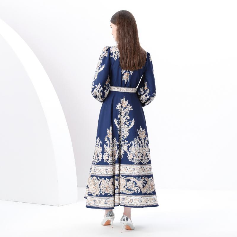 Spring Summer Women V-neck Big Size Vintage Print Lantern Sleeve Midi Lace-up Party Dresses Robe