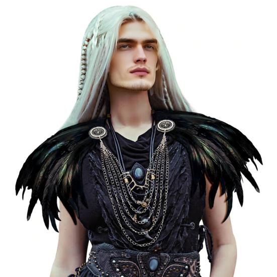 Women's Black Feather Shawl Cape Gothic Feather Shrug Poncho Collar Witch Cosplay Costume for Halloween Carnival