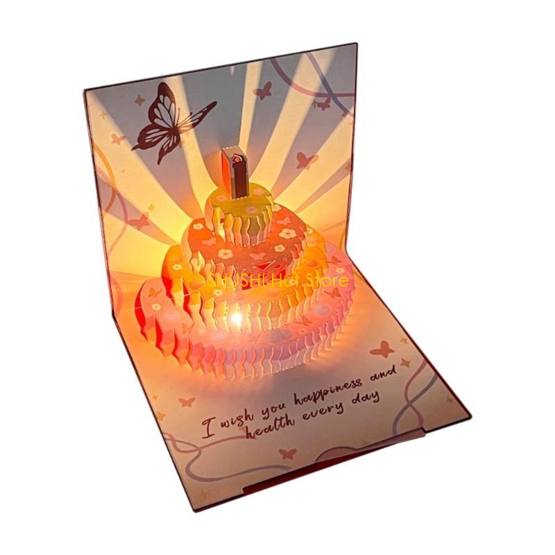 Creative 3D Birthday Card with Popping Up Cake and Butterfly Pattern Light Up Musical Greeting Card Set for Party Gift D57B