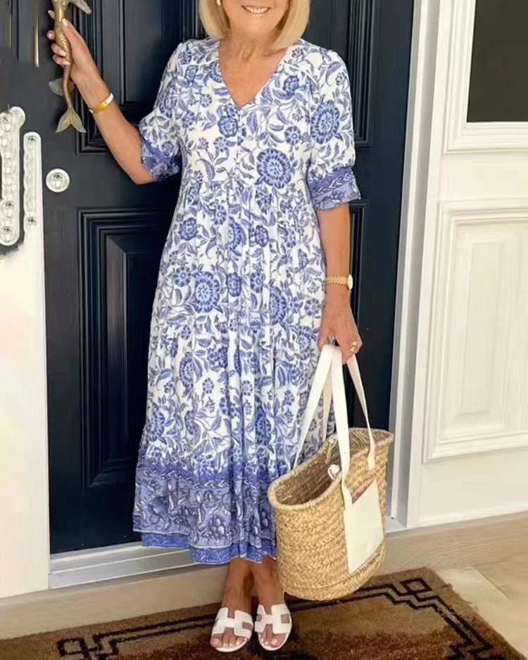 

2026 Plus Size V-Neck Floral Fairy Dress - Versatile Beach Vacation Skirt 4XL небесно-голубой