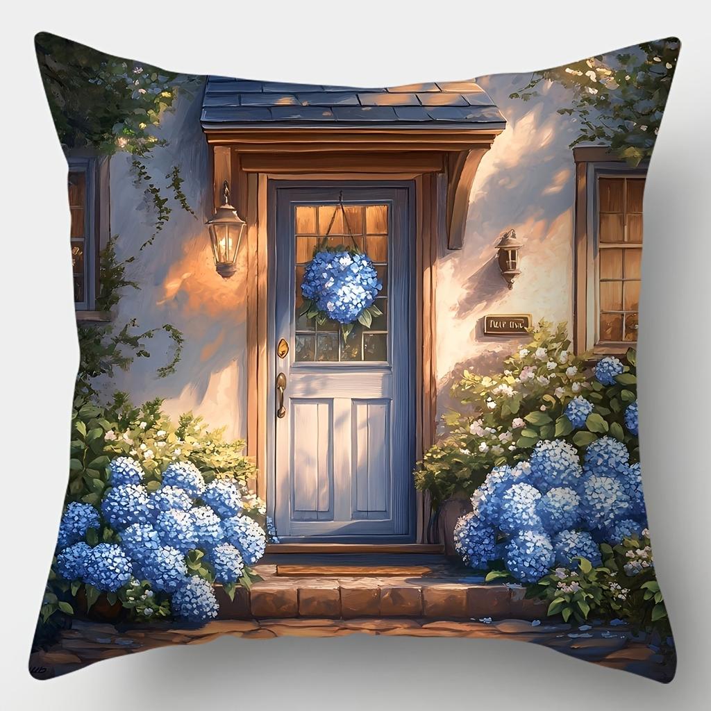 Beautiful Hydrangea Window View PillowcaseLiving Room Sofa Cushion Cover, Soft and Comfortable, Bedroom Room Decoration
