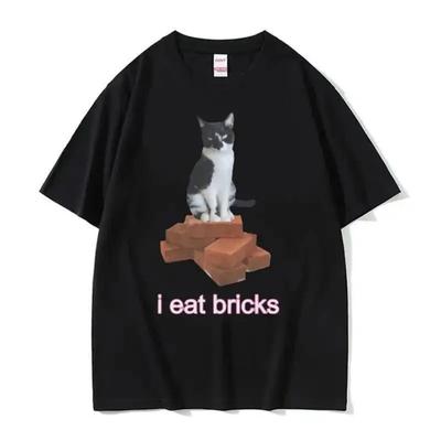 I Eat Bricks Cute Cat Funny Meme Graphic T-Shirt Summer For   Fashion Clothing T-Shirt O-Neck Short Sleeve T Shirts Tops