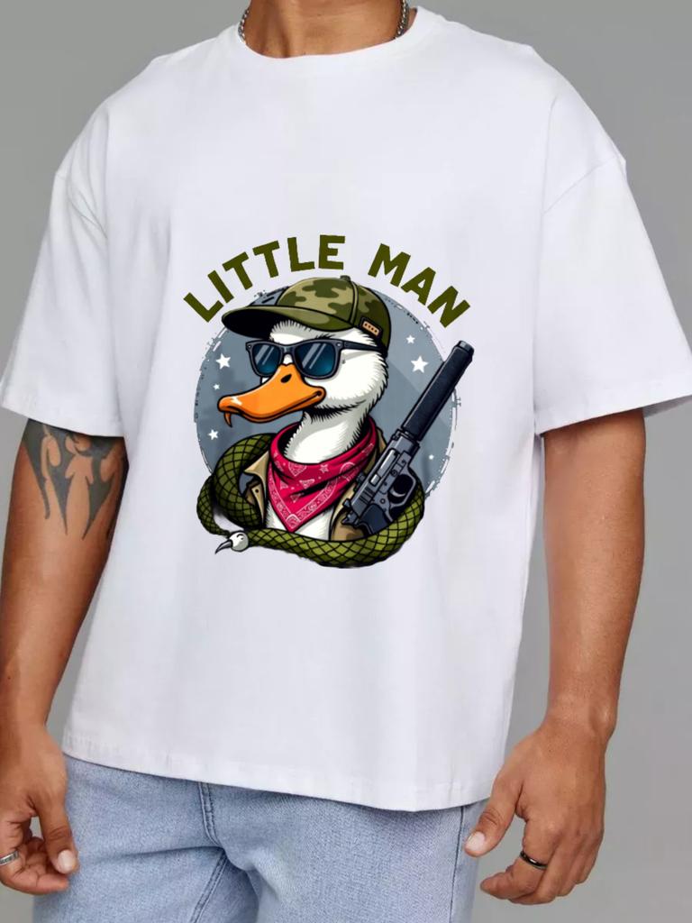 Cotton T Shirt White Duck with Hat and Gun Little Man Graphic Print Casual Wear for Men