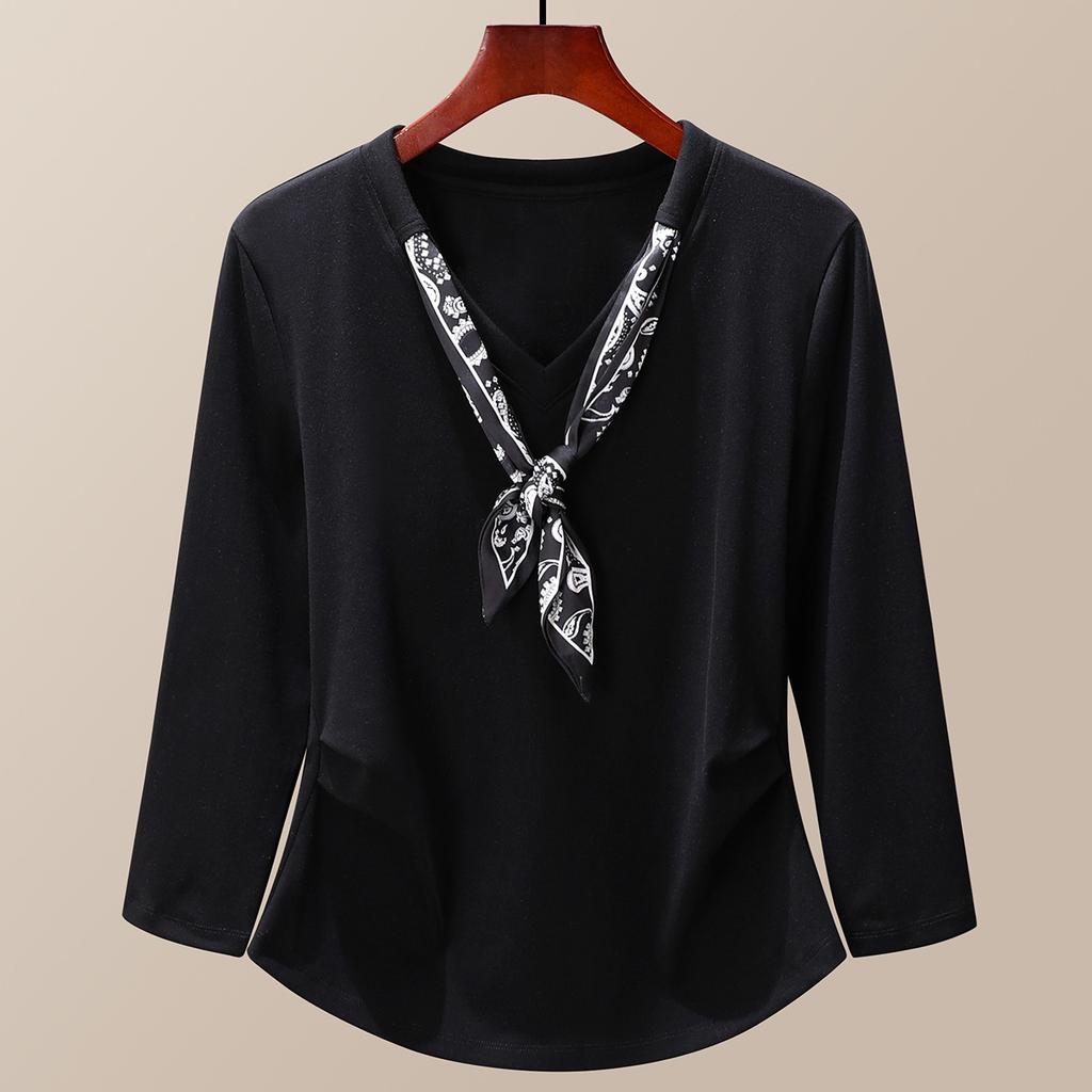 Ribbon Design Split-sleeved Women's Early Autumn New Wrinkled and Thin Versatile Niche Bottoming Shirt Top