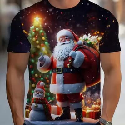 Santa Claus Pattern 3D Digital Print Men's Casual and Fashionable Round Neck Short Sleeved T-shirt