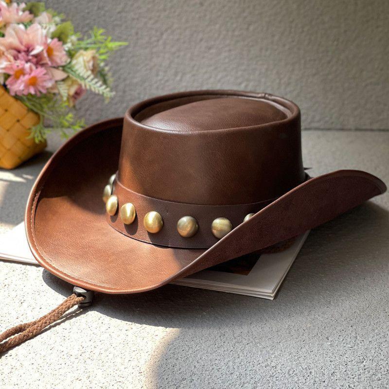 

Leather Western Cowboy Hat Spring And Autumn Big Brim Knight Hat Vintage British Sun Hat Outdoor Prairie Hat M（56-58cm） темно-коричневого кольору