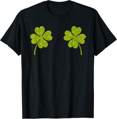 Glitter Shamrock Boobs St Patricks Day Funny Men's Graphic Tee Casual Cotton Crewneck T-Shirt