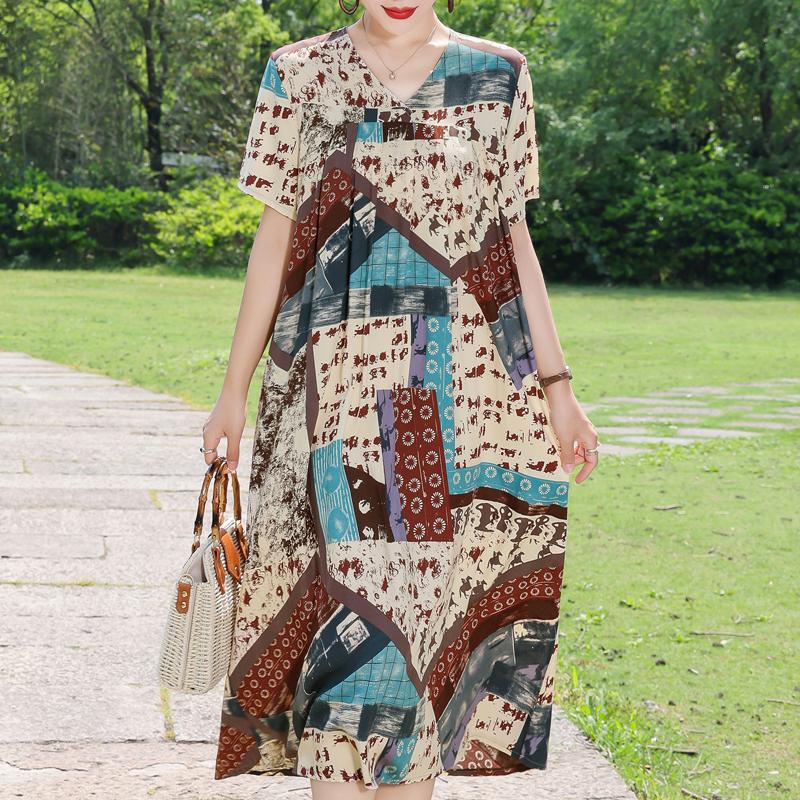 Elegant Women's Summer Dress Plus Size Short Sleeve Casual Loose Long Dresses Vintage Clothes