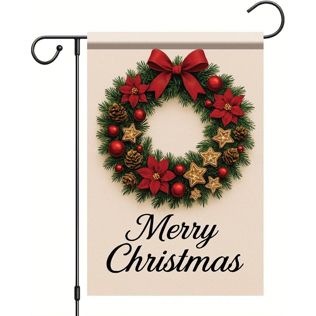 Double-Sided Christmas Garden Flag Featuring a Holiday Wreath, Perfect for Welcoming Guests To Your Outdoor Space, Lawn, Or Mailbox This Winter