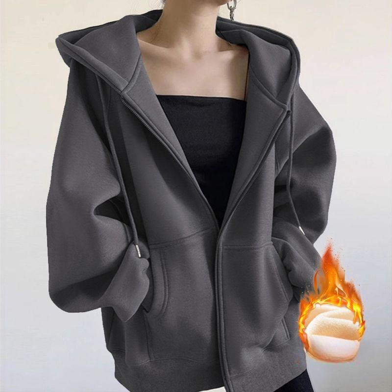 Women Autumn Winter Solid Color Cotton Hoodies Thin Velvet Oversize Zipper Pocket Fashion Coat Loose Drawstring Sweatshirts