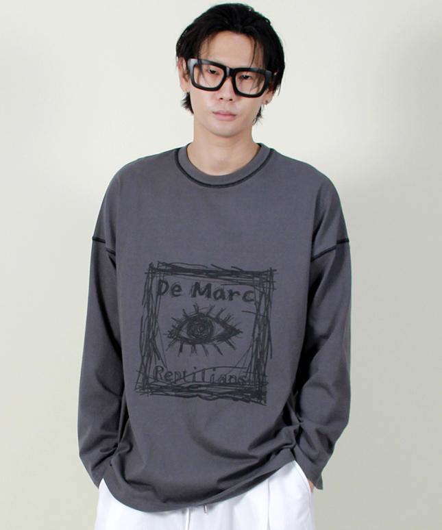 Deumakeu Square Graphic Stitch Long Sleeve T-Shirt Charcoal