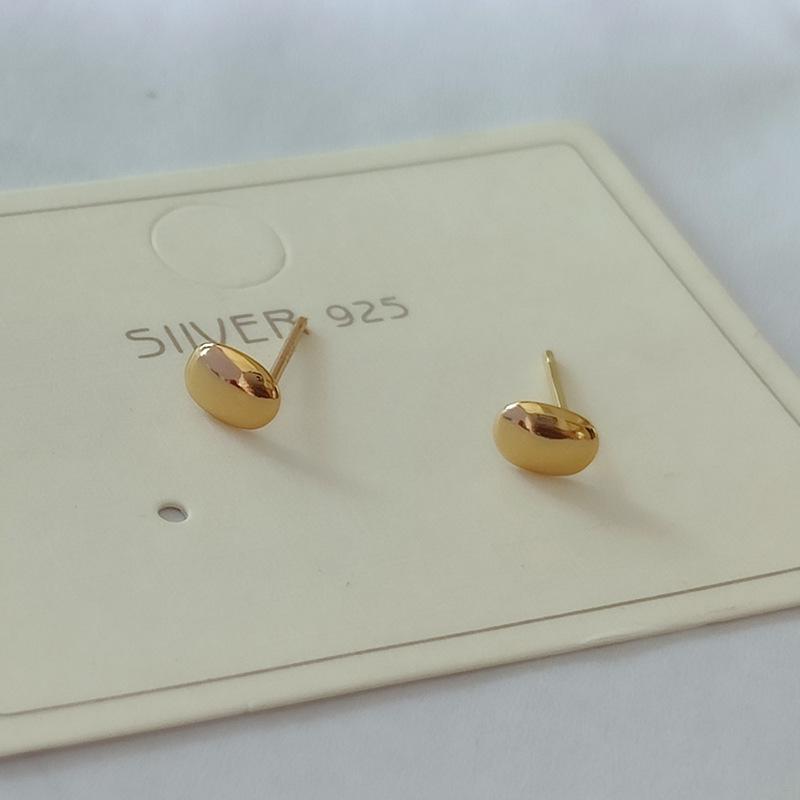925 Silver Needle Chubby Golden Bean Teardrop Stud Earrings for Women - Smooth, Hollow, Shiny Gold Design, Fashionable Ins Style