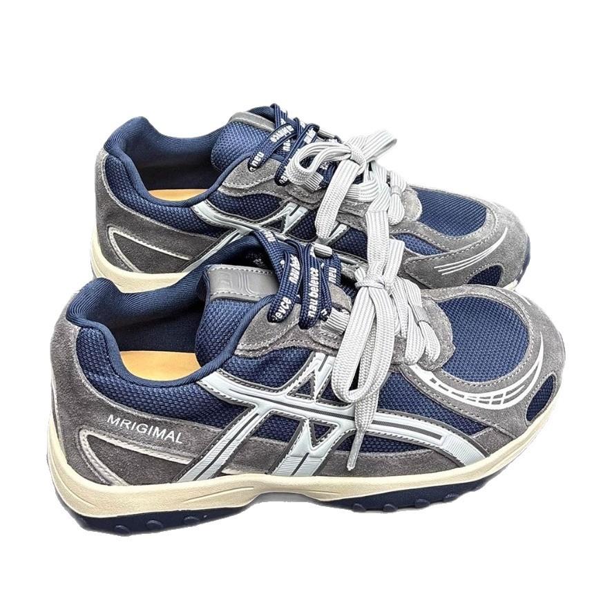 Leather mesh Forrest Gump shoes women's 2025 autumn new round head thick sole lace-up color matching casual versatile sports shoes tide