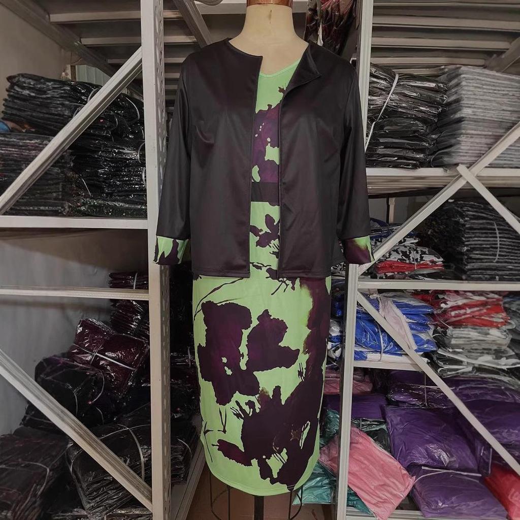 Dwuczęściowy damski zestaw plus size: Krótki top z siedmioma rękawami i spódnica owijana na biodra na wiosnę/jesień