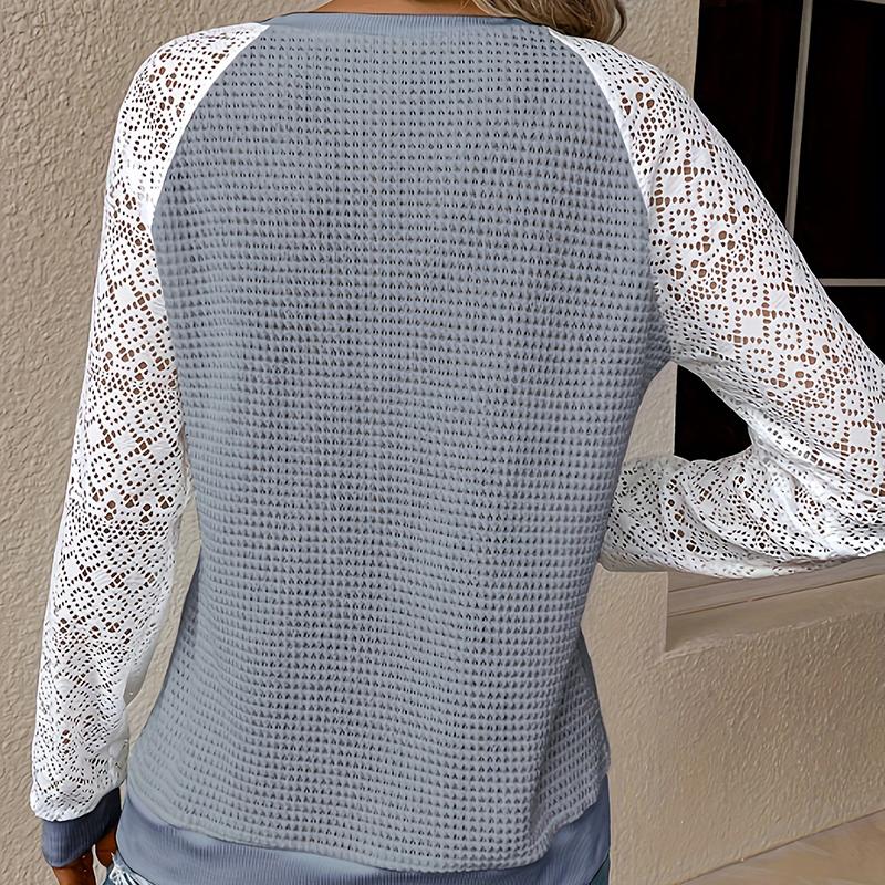 Ladies Autumn Winter Lace Long Sleeve O Neck Color Block Loose Pullover T Shirt Top