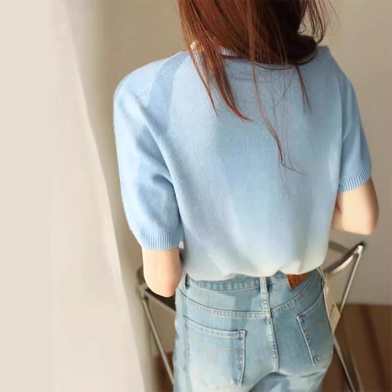 Women's Tops Gradient Colour Short Sleeve Knit Sweater Round Neck Loose Bottom Shirt