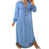 Turn-Down Collar Long Sleeves Women Dress Two Pockets Solid Color Single Breasted Denim Maxi Dress Ladies Clothing