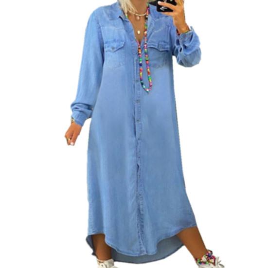 Turn-Down Collar Long Sleeves Women Dress Two Pockets Solid Color Single Breasted Denim Maxi Dress Ladies Clothing