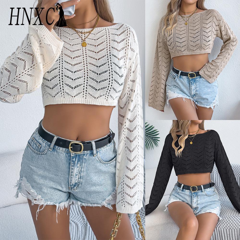 HNXC  Spring Summer Solid-color Hollowed-out Flared Sleeve Casual Loose Knitted Sweater Vacation Crop Top Women's Wear