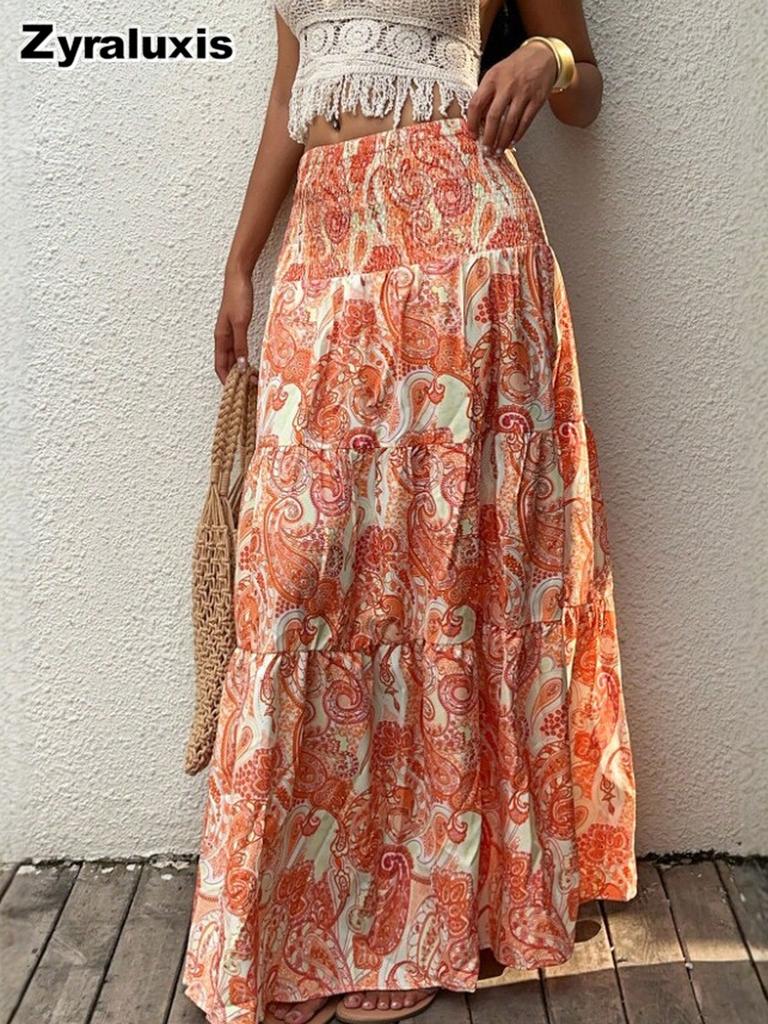 Bohemian Printed High Waist Maxi Dress Summer Vacation Style A-Line Flowy Layered Half Skirt