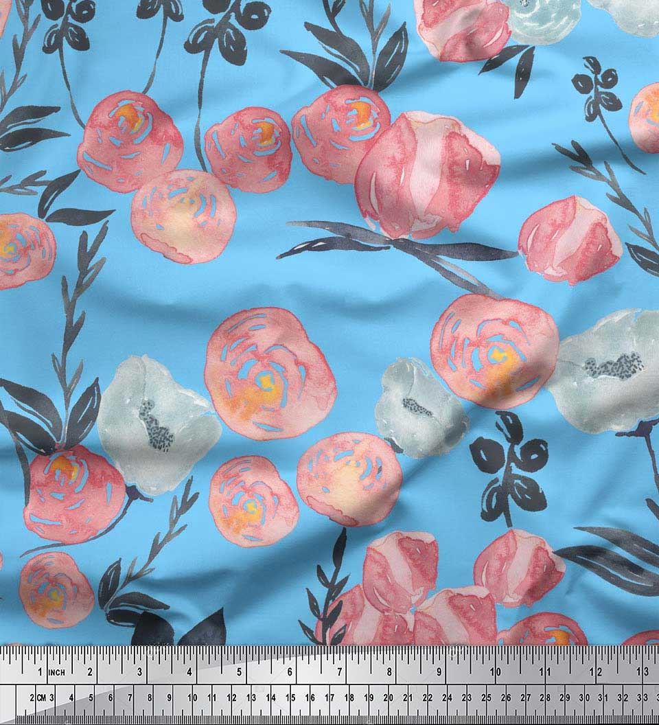 

Тканина Soimoi Japan Crepe Satin Leaves & Ranunculus Watercolor Printed Тканина 1 метр 42 дюйма 42 Inch Wide - Viscose Chiffon синій
