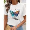 European Size Women'S Casual Short Sleeve T-Shirt with Vibrant Butterfly & Floral Print, Round Neck, Spring/Summer Top,  Floral Graphic Shirt
