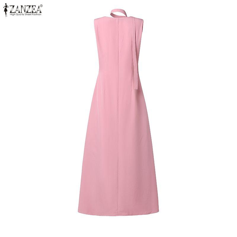 ZANZEA Damen Freizeit Rundhals Sommer Ärmellos Elegant Langes Kleid